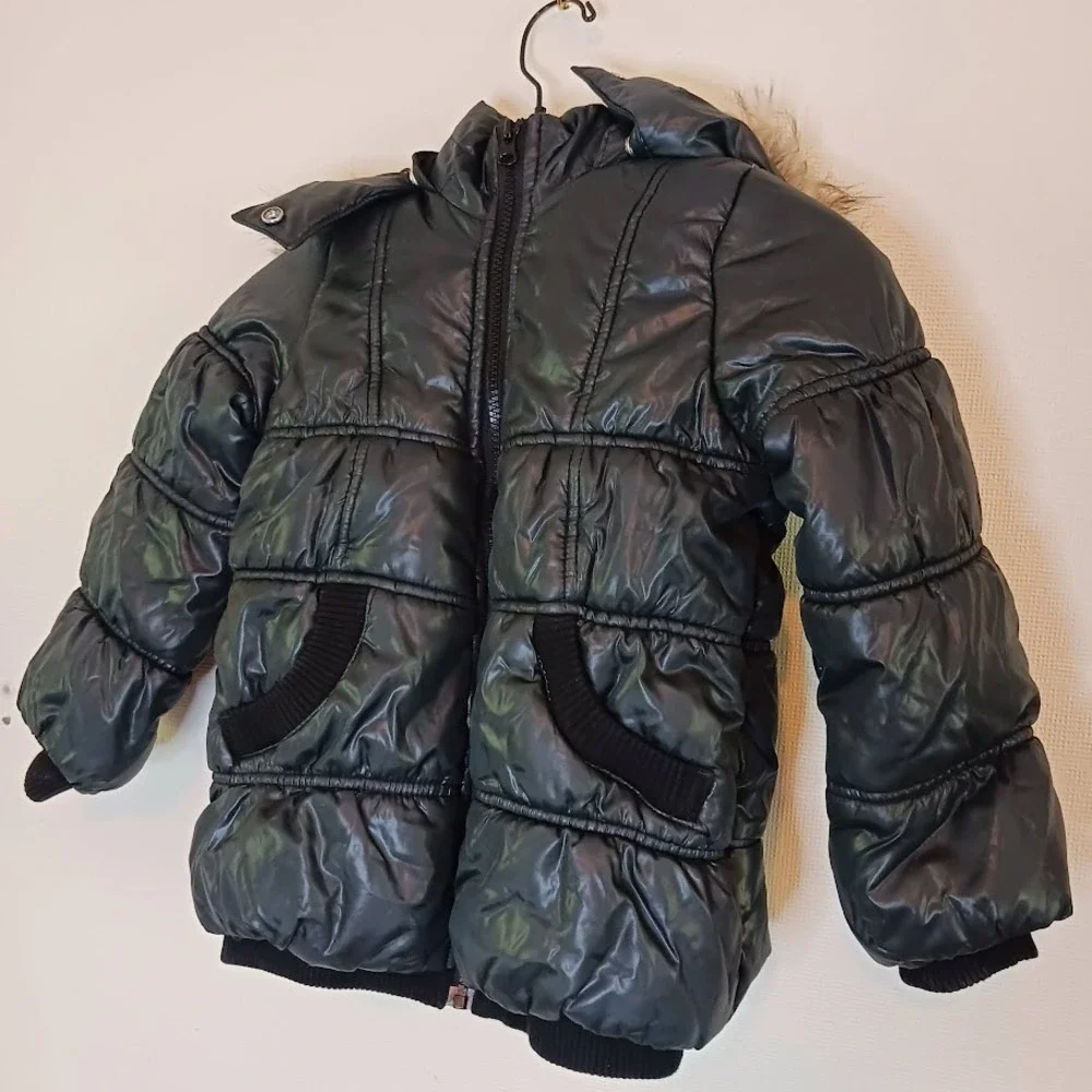 The Childrens Place Puffer Jacket, Black, Size S Zipper Faux Fur Trim, Snap Hood